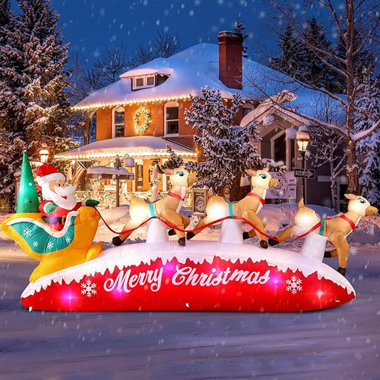 10FT Long Christmas Inflatables Santa Claus with Reindeer Sleigh Outdoor Decorations, Build-in Rotating Colorful LEDs Santa Blow up Yard Decoration for Holiday Xmas Party Indoor Lawn Christmas Eve