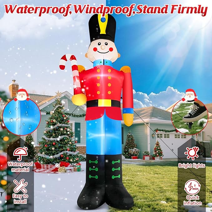 12 FT Tall Nutcracker Inflatable Christmas Decorations Outdoor Candy Cane, Built-in LED Lights Large Funny Soldier Xmas Blow Up Yard Decoration for Winter Holiday Party Indoor Outside Lawn Garden
