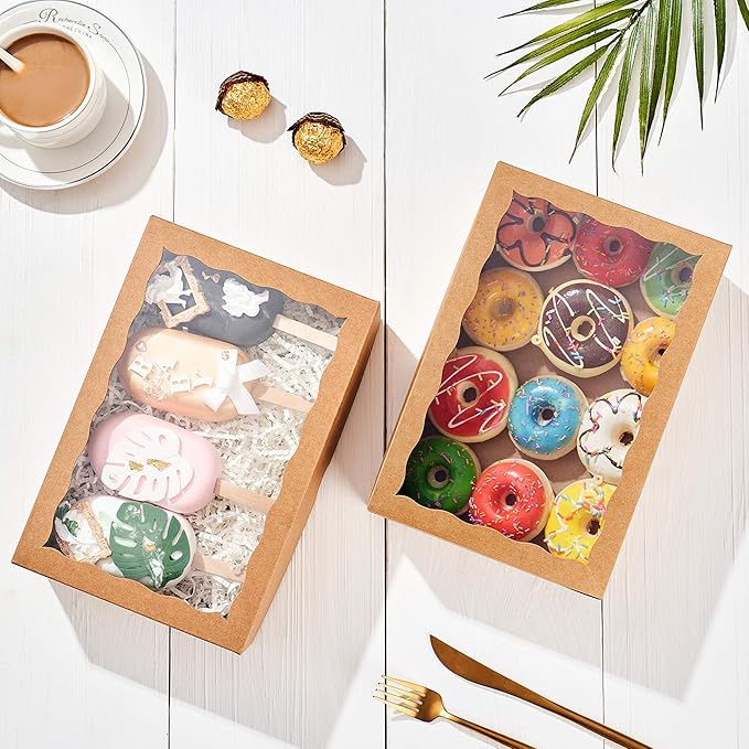 24PCS 10 x 7 x 2.5 inches Professional One Piece Strawberries Boxes, Cookies Boxes with With Clear Window for Visibility, Brown Natural Kraft Paper Box