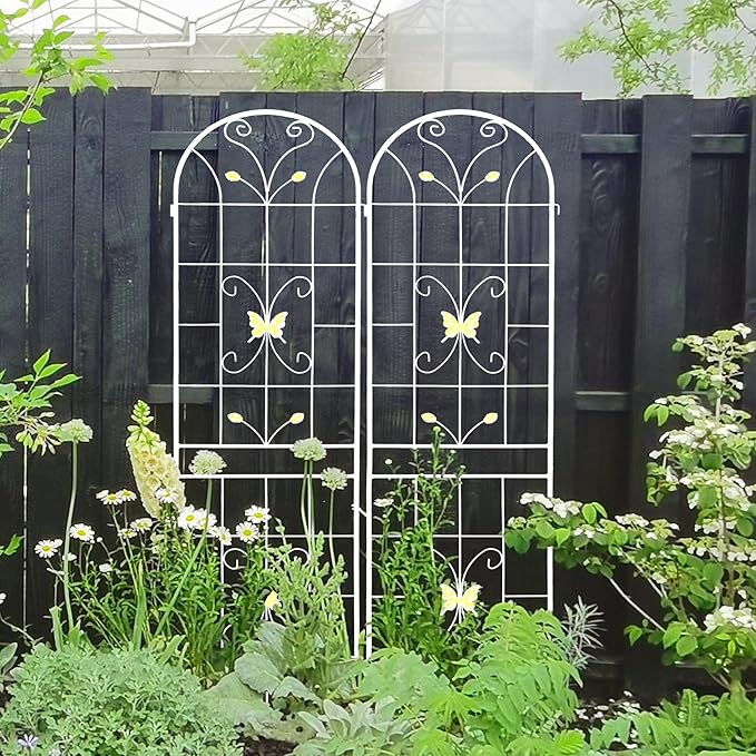 2 Pack Metal Garden Trellis 86.7" Black Fence Rustproof Garden Trellis for Climbing Plants Support Roses Flower Outdoor Lawn, Cream White