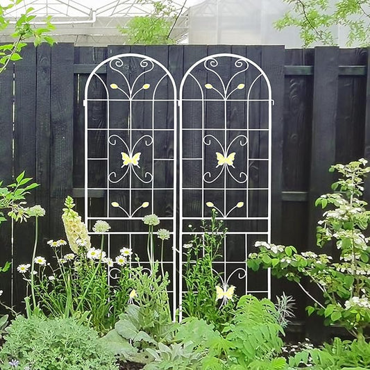 2 Pack Metal Garden Trellis 86.7" Black Fence Rustproof Garden Trellis for Climbing Plants Support Roses Flower Outdoor Lawn, Cream White