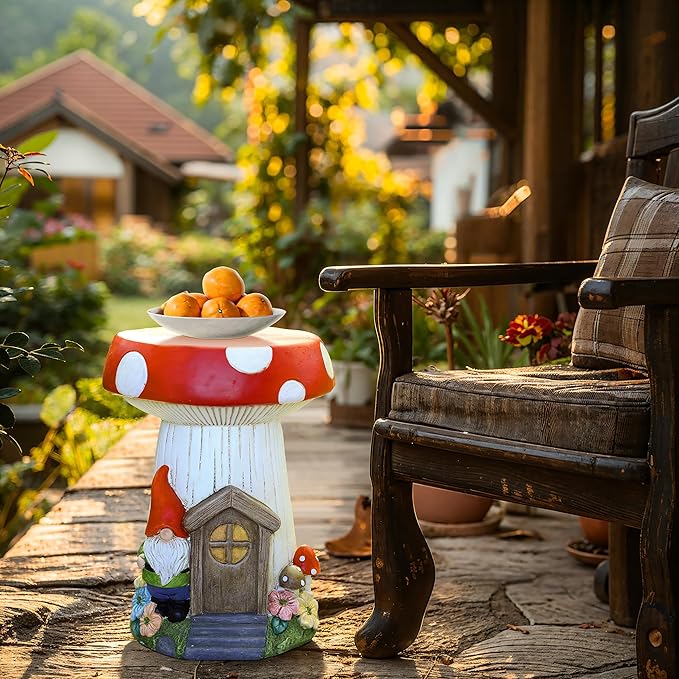 LuxenHome Gnome Garden Statue,17'' Mushroom House Statue, Outdoor Side Table, Plant Stand for Balcony, Gift, Large Garden Ornaments Yard Decor, Fairy House, Patio Side Table, Sculpture, Drum Stool
