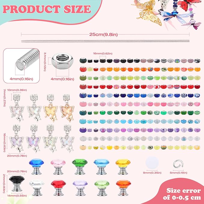 Beaded Garden Stake, DIY Fairy Wand Beaded Decorative Butterfly Garden Stake Kit with 12IN Threaded Rod Crystal Stopper Top Large Holes Beads Butterfly Decoration Pendants Outdoor Fairy Garden kit