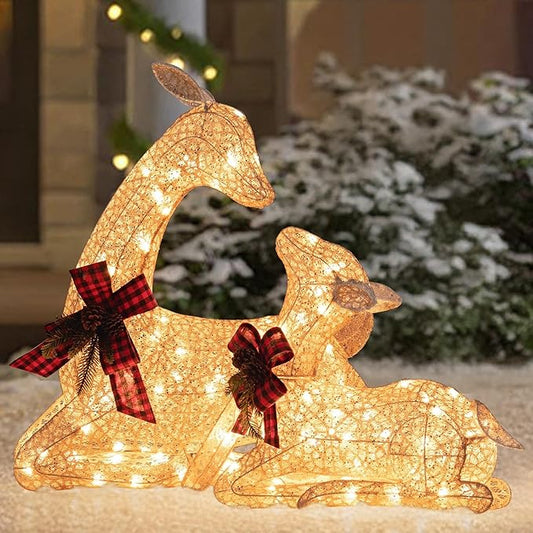 SUNJOY Large 2-Piece Christmas Lighted Lying Deer, 3D Tinsel Santa Lying Deer Outdoor Garden Yard Lawn Festive Holiday Decoration with Lights for Indoor & Outdoor