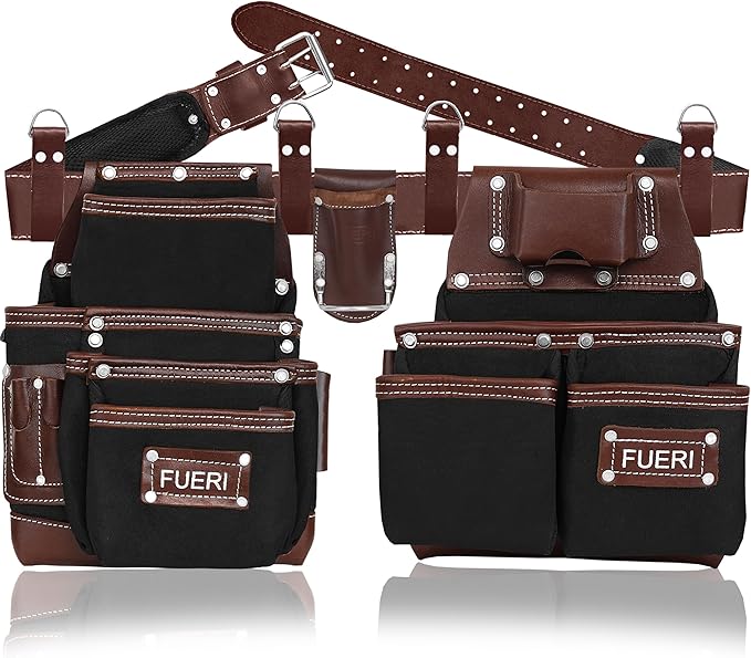 FUERI Tool Belt Men Heavy Duty Nylon Leather Tools Belts Carpenter Bags Electrician Pouches Organizer for Construction Framing (Black & Brown, 30 to 52 Inches Waist)