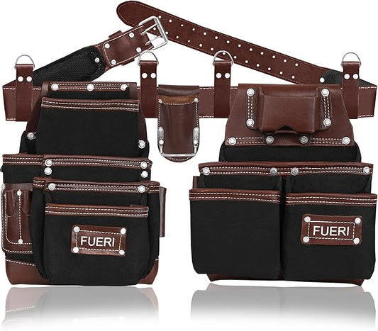 FUERI Tool Belt Men Heavy Duty Nylon Leather Tools Belts Carpenter Bags Electrician Pouches Organizer for Construction Framing (Black & Brown, 30 to 52 Inches Waist)