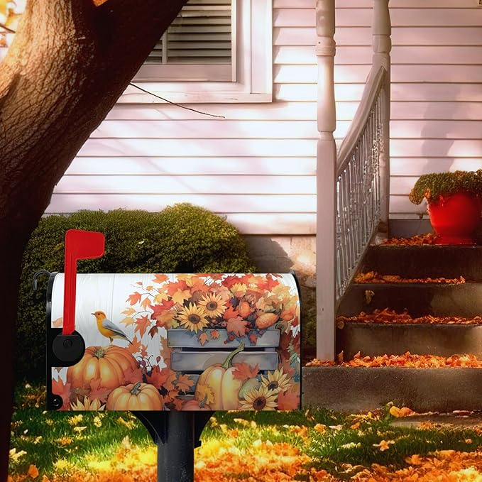 Fall Mailbox Covers Magnetic Large Size Autumn Bird Mailbox Cover Maple Leaf Thanksgiving Pumpkin Mail Box Post Cover Waterproof Sunflower Thankful Decor for Garden Yard 25.5 X 21 Inch