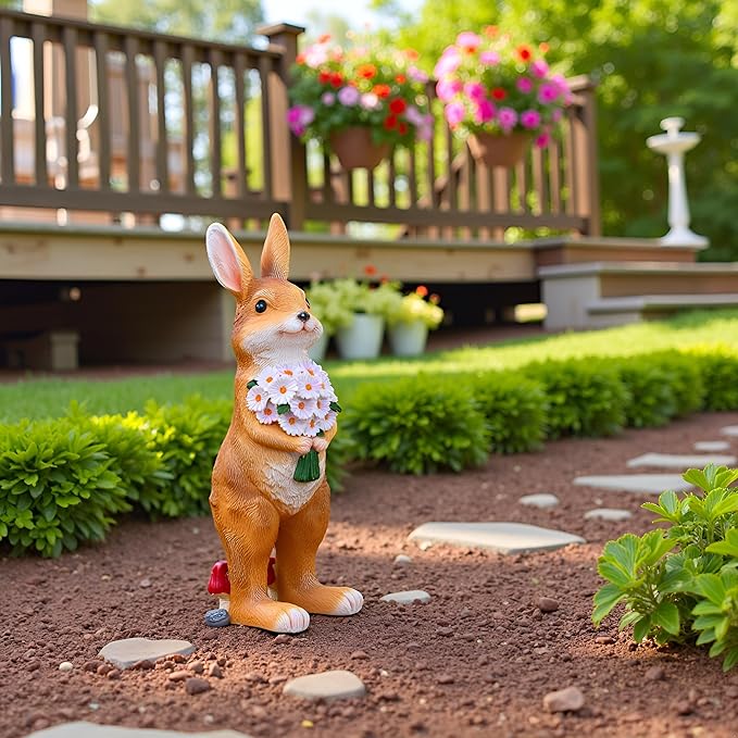 Garden Rabbit Statue Outdoor Decor- 13.38" Indoor/Outdoor Resin Bunny Decor - Ideal Gift for Gardeners and Occasions (Large)