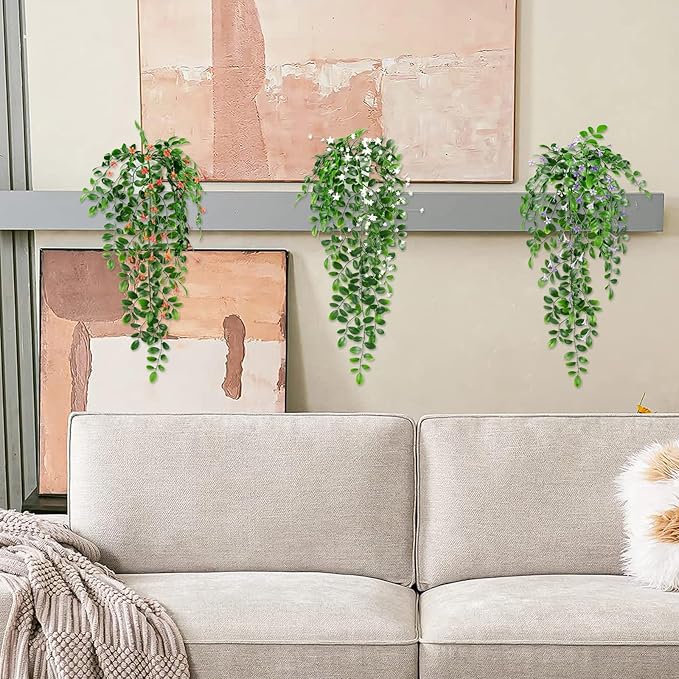 2 x Fake Hanging Plants Small Artificial Potted Lysimachia Plants with OrangeRed Flowers for Home Decor Nearly Natural Hanger Greenery for Wall Room Indoor Outdoor Shelf Decor OrangeRed