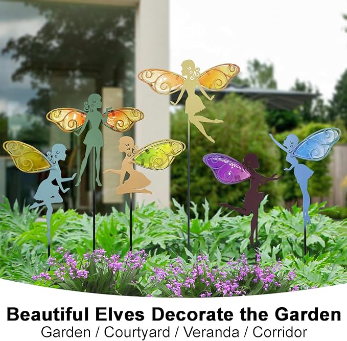 Fairy Garden Stakes Decorative Metal Glass Fairy Decor Outdoor Figurines for Outside Garden Yard Lawn Supplies Home Decor, Set of 6