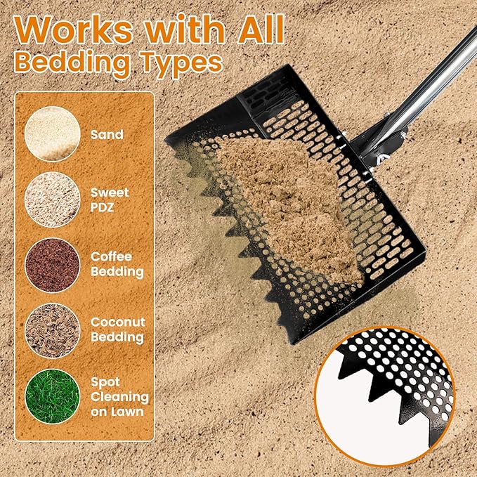 Chicken Poop Scooper for Chicken Coop 304 Stainless Steel Adjustable Angle Durable Sand Sifting Litter Shovel for Farm Animals Cleaning Tools (Black)