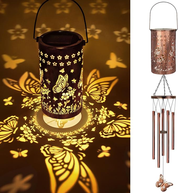 Wind Chimes for Outside Solar Lanterns Wind Chimes Outdoor Gifts for Women Grandma Christmas Decor (Butterfly Flower)