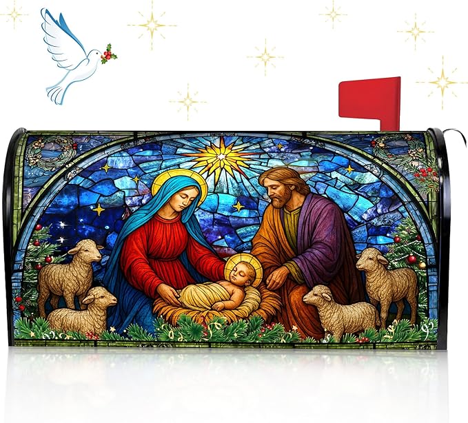 Blosssound Christmas Magnetic Mailbox Cover Standard Size 21 X18 Inch Xmas Windows Nativity Scene Mailbox Covers Decor Retro Religious Christmas Post Box Garden Yard Outdoor Decoration