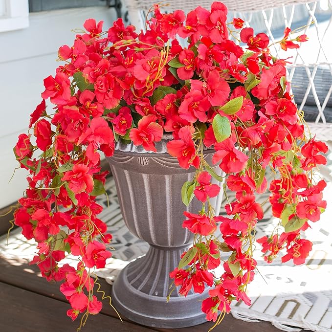 Artificial Hibiscus Fake Hanging Flowers Plants for Outdoors Spring Summer Decoration, 4pcs Red Silk Hibiscus Long Trailing Vines UV Resistant Realistic Faux Flower for Outside Front Door Porch Patio