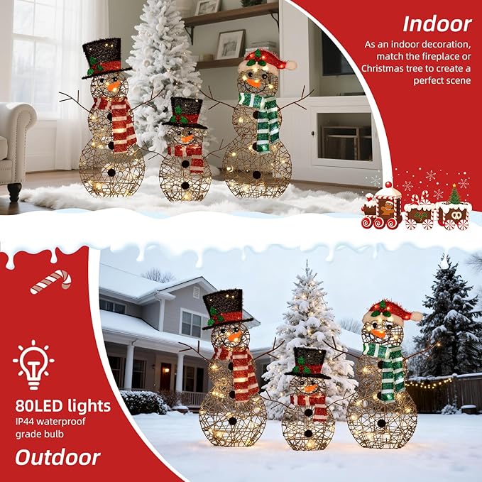 3-Piece Lighted Snowman Family Set - Large 2D Outdoor Christmas Yard Decoration with 80 Warm White LED Lights, Holiday Display for Lawn & Garden - Rattan