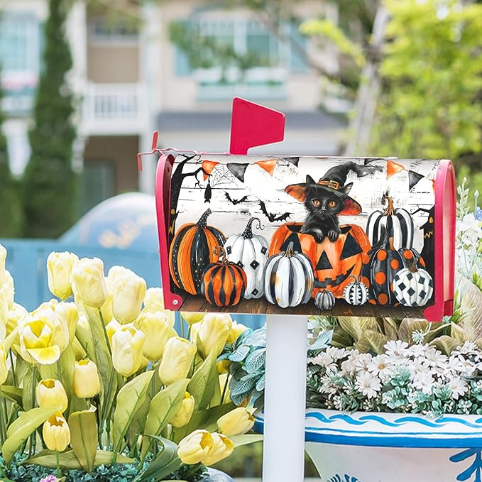 Halloween Mailbox Covers Magnetic Fall Pumpkin Mailbox Covers Magnetic Standard Size 25.5" X 21" Autumn Halloween Mailbox Post Cover Letter Box Cover Home Garden Decor for Outside Decoration