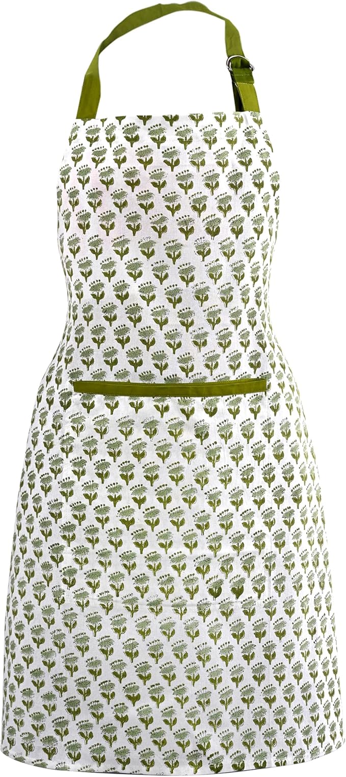 CPC Cotton Floral Kitchen Apron for women with Pocket and Adjustable Neck Ties. Apron for Women Men Chef-Hand Block Printed