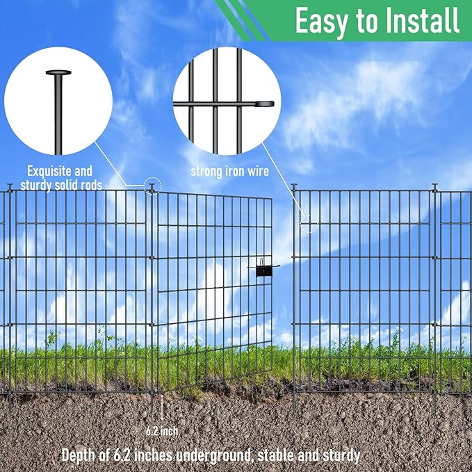 10 Panels Garden Fence Dog Fence Outdoor for Yard,24in H x 20ft L Rustproof Metal Fencing with Ground Stakes|No Dig Temporary Animal Proof Containment for Pets/Rabbits|Durable Patio Security Panels