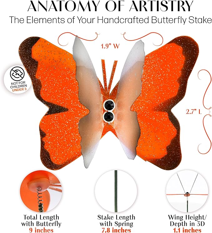 Handmade Orange Butterfly Garden Stakes Set of 7 - Decorative Outdoor & Indoor Plant Decor - Nature Lover Gift Idea by Air Aquarium Kushner