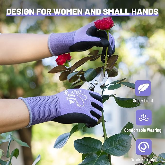 JDL 12 Pairs Nylon Nitrile Coated Gardening Gloves for Women, Touchscreen Yard Garden Gloves, Breathable Safety Work Gloves with Grip, Purple, Medium
