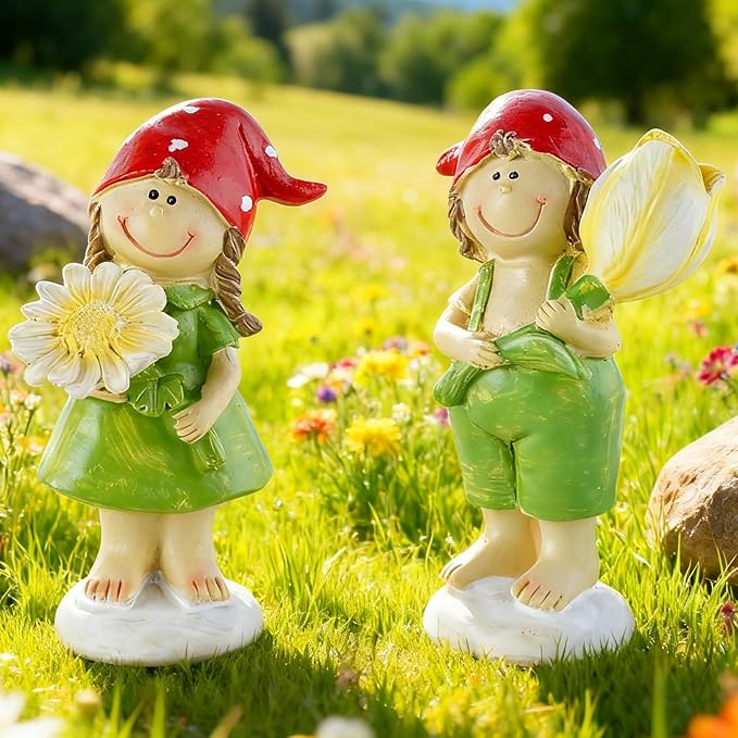 2 - Piece Set of Outdoor Garden Sunflower Fairy Resin Statues - Ideal for Patio, Lawn, Garden & Courtyard Decor, Indoor/Outdoor Home Accents, for Parents & Friends