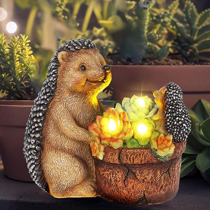 Succulent Hedgehog Garden Statues with Solar Lights Garden Gifts for Women Mom Lawn Ornaments for Patio Yard Decor