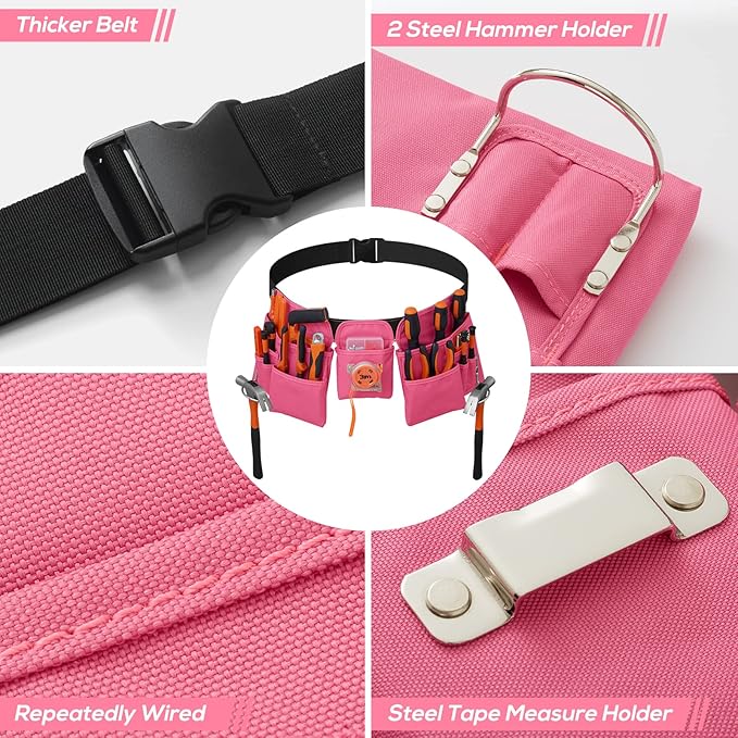 19 Pocket Tool Belts - Gardening Belt with Quick Release Buckle,Adjustable Utility Belt,Work Apron for Men and Women,for Gardening,Electrician,Carpenter,Construction Tool Belt,Gifts (Pink)