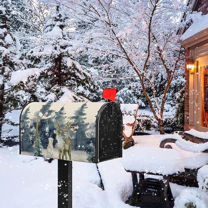 Winter Deer Mail Box Cover Bear Bird Mailbox Covers Magnetic Standard Size 21x18 inch Green Tree Mailbox Wraps Home Decor Outdoor Yard Decoration for Garden