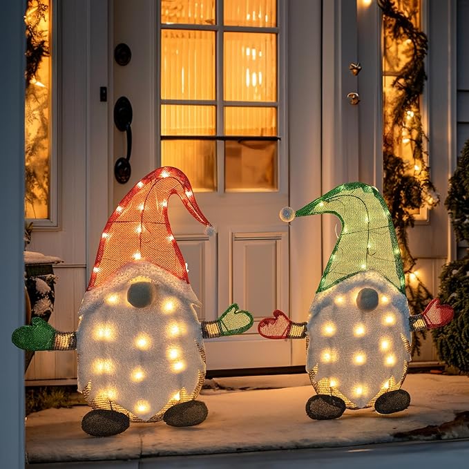 TW SHINE Set of 2 Lighted Christmas Gnomes Decorations, 50L 2 FT Stack-able Gnome Christmas Decor for Indoor Outdoor Festive Xmas Holiday Garden Yard Lawn