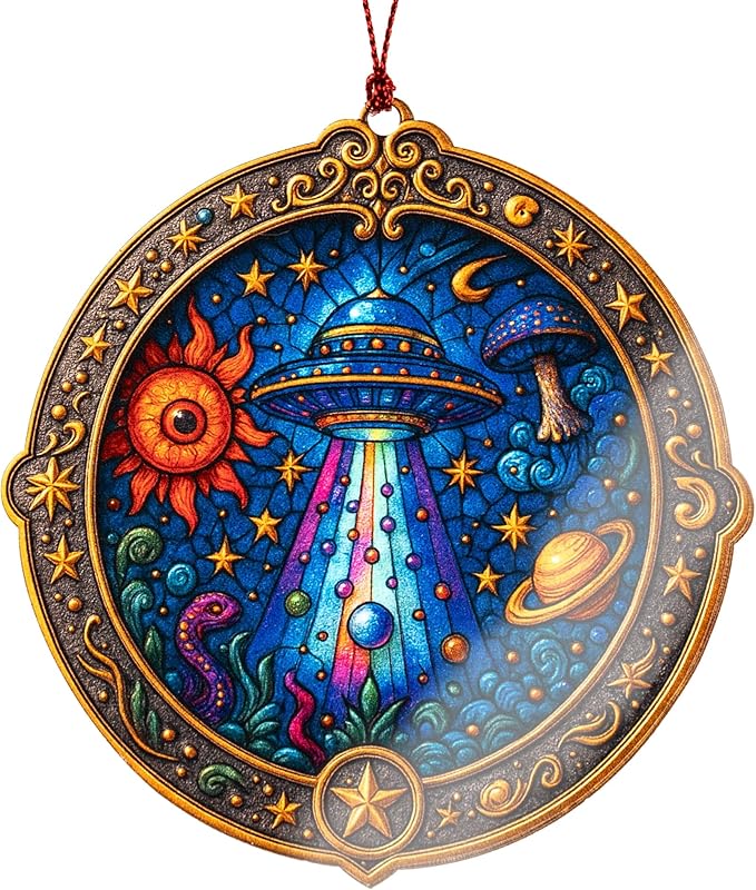 Alien Ornament – UFO Decor | Galaxy Ornament + Sci Fi Keepsake – Space Lover Gift – Alien Christmas Ornament – Suncatcher Effect Stained Glass Window Hanging – Car Hanging Decoration