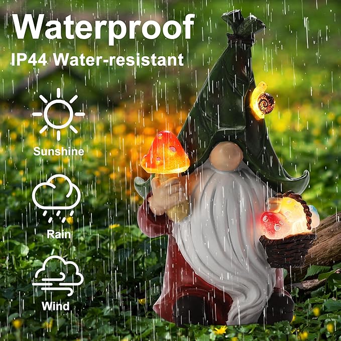 Gnome Solar Garden Statue with 3 LED Lights, Mushroom-Picking Gnome Statue Outdoor Decor for Patio, Yard, Balcony, Lawn Ornament, Unique for Mom