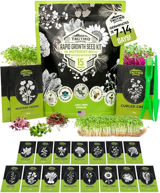 15 Tactiko Rapid Growth Microgreens & Vegetable Seed Kit – Heirloom Non-GMO Grown in USA – for Everyday or Survival Use – Sprout Indoors or Grow Full-Size Veggies in Soil, Containers, or Hydroponics