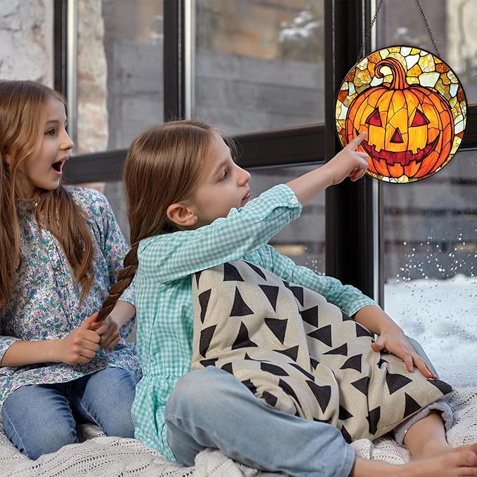 Pumpkin Stained Glass Window Hanging Horror Sun Catcher Decor Halloween Suncatchers for Garden Home Windows Hanging Decoration, 7.87inch