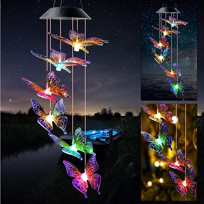 JOBOSI Colorful Butterfly Solar Lights for Outside, Mother's Day Women's Gifts, Solar Butterfly Wind Chimes, Birthday Gifts for Women, Mom, Grandma, Garden Lawn Yard Outdoor Decor Mobiles Wind Chime