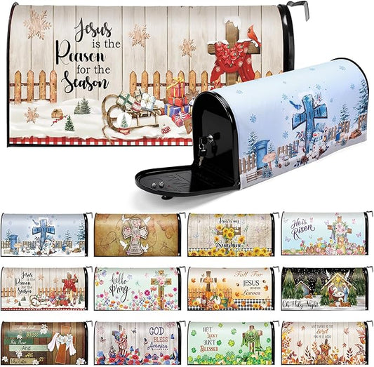 12 Pcs Christian Seasonal Mailbox Covers Magnetic Standard Size 18 x 21 Inch Spring Summer Fall Winter Magnetic Mailbox Covers for Garden Yard Outdoor Decor