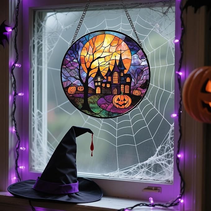 Stained Glass Window Hanging Halloween Horror Pumpkin 15" - Suncatcher Door Garden Sunroom Golden Moon Church Sun Catcher Birthday for Friend Mom Men Woman Nana