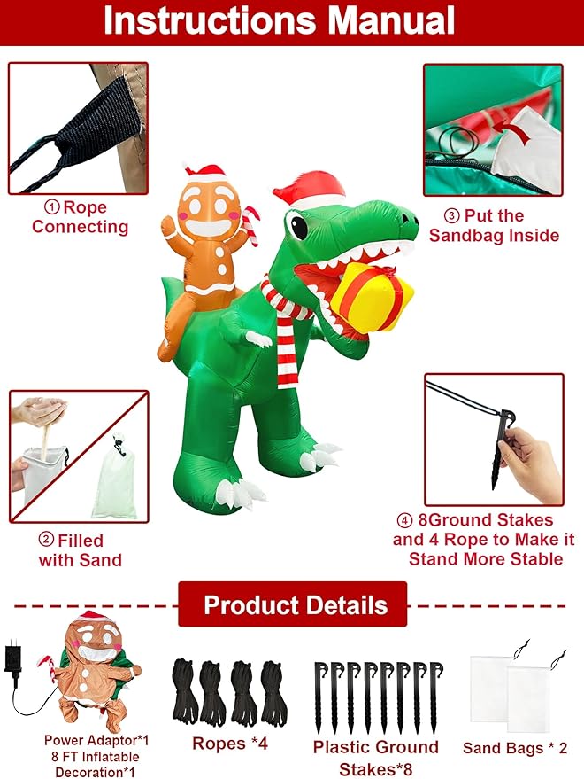 8 Ft Christmas Inflatable Gingerbread Man Ride on Dinosaur with Gift Box Outdoor Decoration Built-in LED Lights, Blow up Christmas Yard Decoration for Party Lawn Holiday Garden Decor Outside