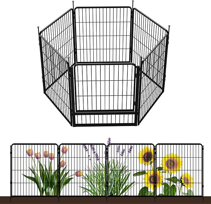 SunsGrove Garden Fence with Gate, 32 in(H) x 13.4 ft(L) 6 Panels Heavy Duty Metal Animal Barrier Fence for Yard, Suitable for Indoor or Outdoor Dog Pet Fence, Garden Fence Border, Black