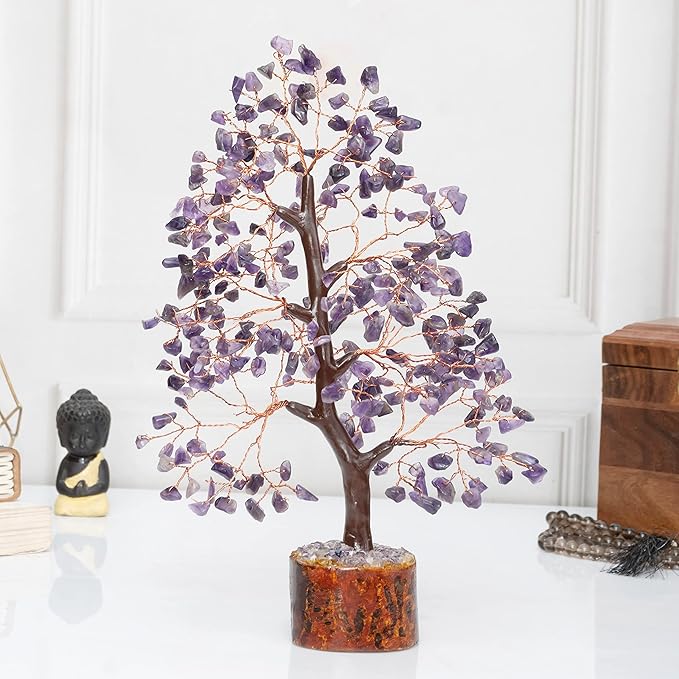 Crocon Amethyst Gemstone Tree Feng Shui Figurine Money Bonsai Chakra Balancing Good Luck Reiki Healing Crystals Decoration Ornament Sculpture Prosperity Table Decor Gift Size 10-12"""