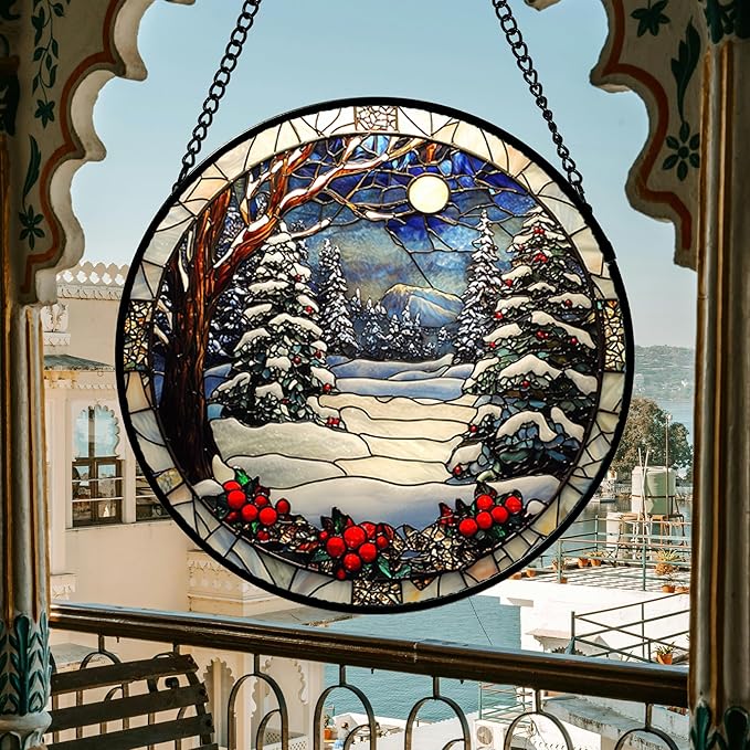 Stained Glass Window Hanging Christmas Tree Winter Snow Night Scenery 6.3" - Suncatcher Door Garden Kitchen Sun Catcher Home Decor Birthday for Mom Men Woman Friend