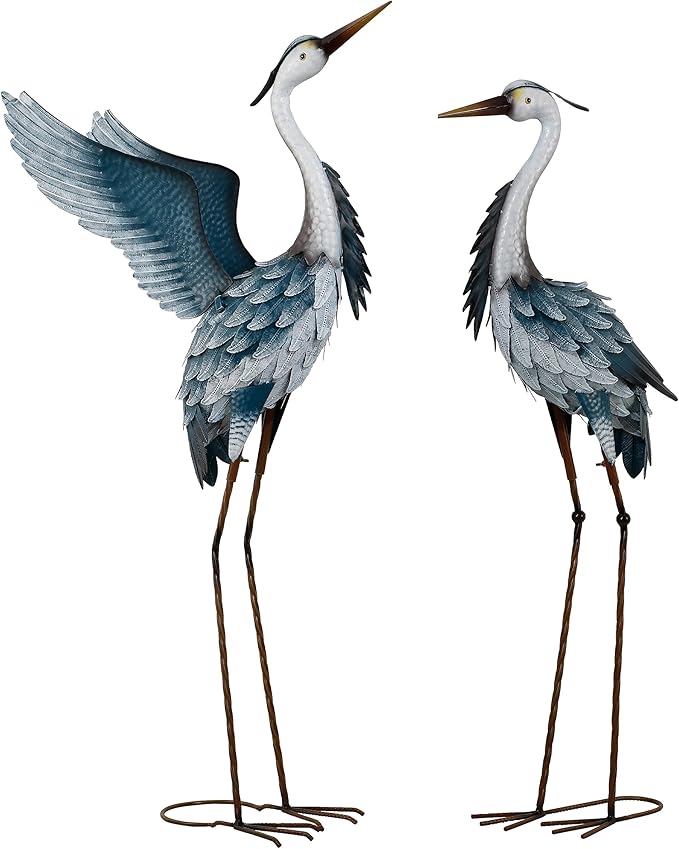 TERESA'S COLLECTIONS Garden Decor, Set of 2 Herons Garden Decor, 23-25", Elegant Herons with Blue Painting, Waterproof Metal Garden Statue, Herons Gifts Birthday Gifts for Women Mom