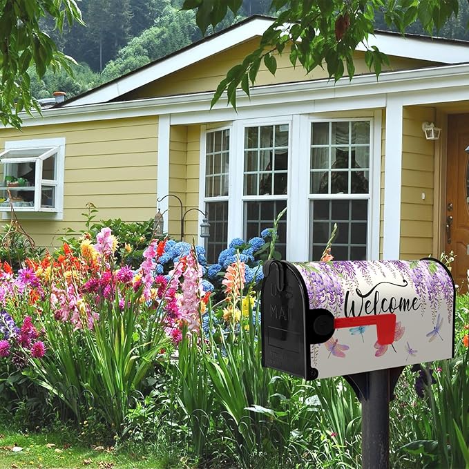 Violet Spring Floral Welcome Mailbox Covers Magnetic Purple Flowers Dragonflies Mailbox Cover Summer Post Box Cover Wraps Standard Size 18 X 21 Inch for Home Yard Decorations