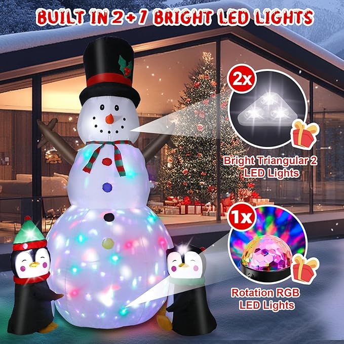 8FT Christmas Inflatable Snowman Outdoor Decorations, Christmas Blow up Snowman with Two Penguins Decoration, Built-in Colorful Rotating Lights for Holiday Xmas Party Lawn Yard Garden