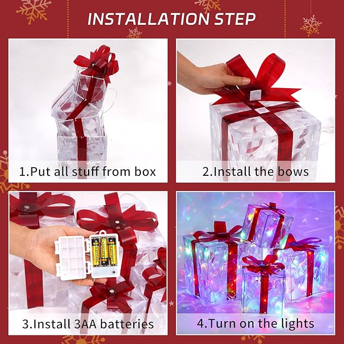 Christmas Lighted Gift Boxes, Pre-lit Lights Gift Boxes Set of 4, Light up Present Boxes Set Battery Operated with Different Sizes for Holiday Indoor Outdoor Decorations (Multi-Colored)