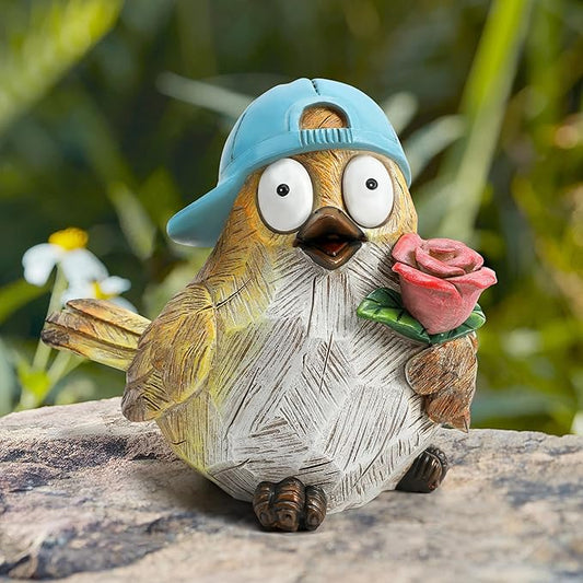 Garden Bird Statue for Decorations Outdoor Animal Figurines Little Bird Holding Flowers Sculpture Birds Figurines for Garden Yard Porch Patio Lawn Outside Home Decor Gift for Woman
