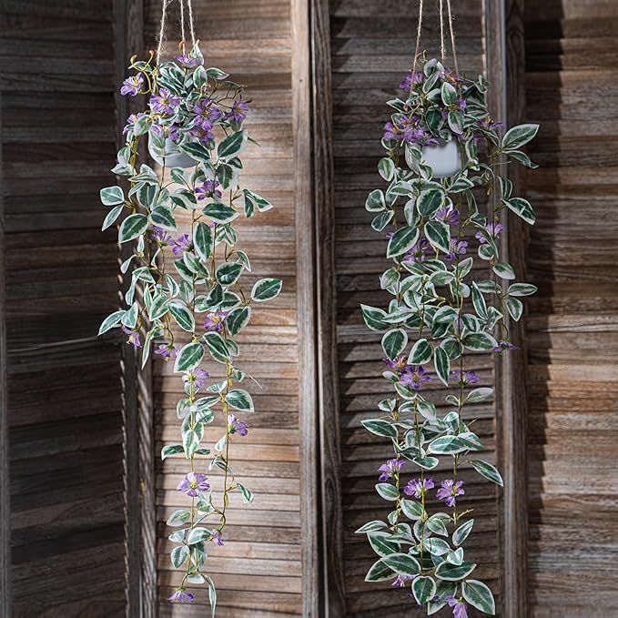 2PCS Artificial Hanging Plant with Pot Faux Hanging Plants Small Hanging Plants Pot with Artificial Vines and Flower Greenery Decoration for Living Room Wall Home Wall Shelf