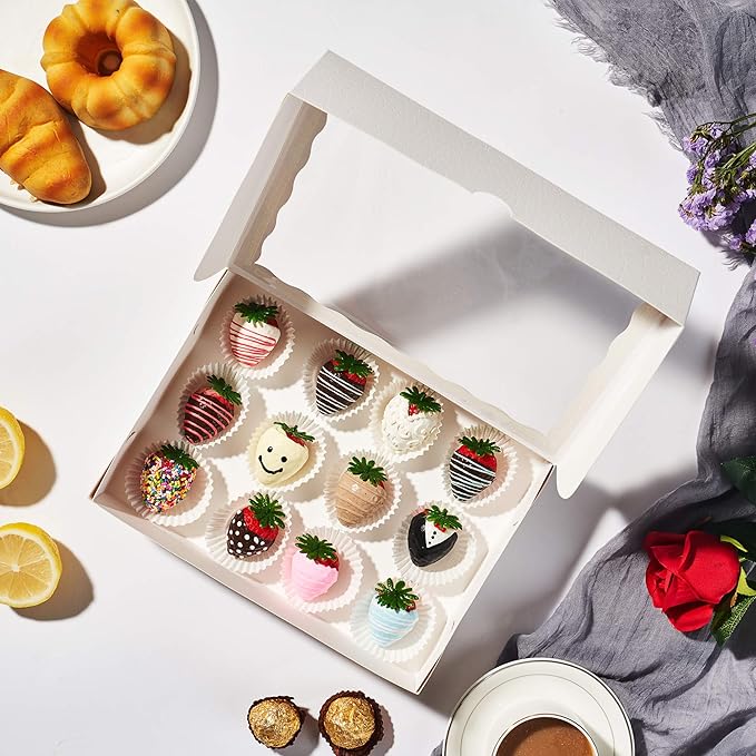 48PCS 10 x 7 x 2.5 inches Premium White Bakery Boxes for Cookies, Strawberries Boxes with Clear Display Window