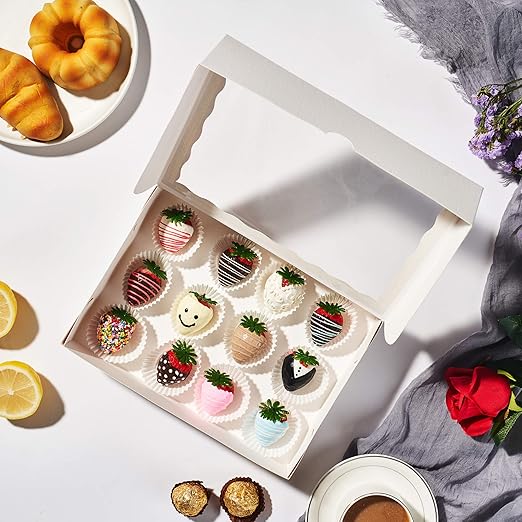 25PCS Elegant White Fancy Bakery Boxes with Display Window (10 x 7 x 2.5 inches) - Professional White Cookie and Strawberry Boxes