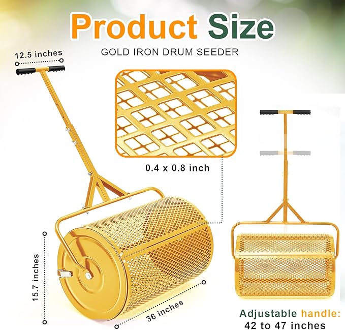 Hiboom 24 Inch Compost Spreader, Peat Moss Spreader, Manure Roller with Adjustable T Shaped Handle, Lightweight Metal Mesh for Lawn Garden Spreading Manure Topsoil (Gold)