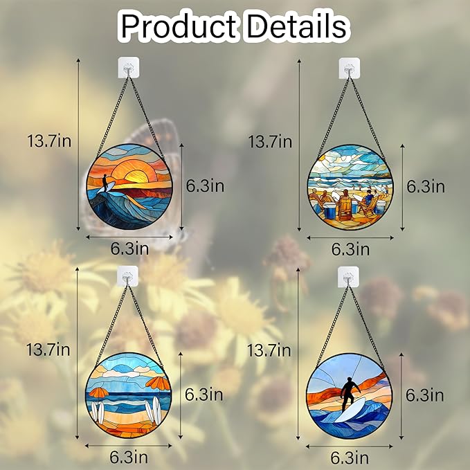 Stained Glass Window Hanging 4 Pcs Set Blue Ocean Surfing Beach 6.3" - Suncatcher Door Garden Sun Catcher Decor Birthday Mother's Day for Firefighte Men Woman Nana Mom